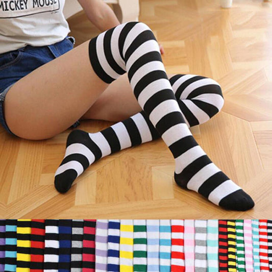 Kawaii Lolita Long Striped Cotton Thigh High Stockings - Yang Novelties Ja